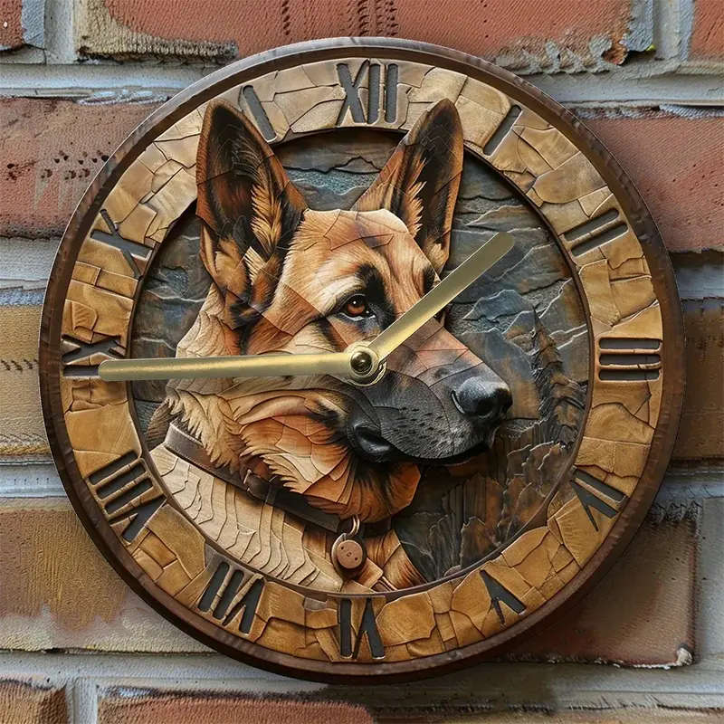 1pc Silent Wall Clock with German Shepherd Design Aluminum Metal DIY Decorative Clock for Bedroom Ho
