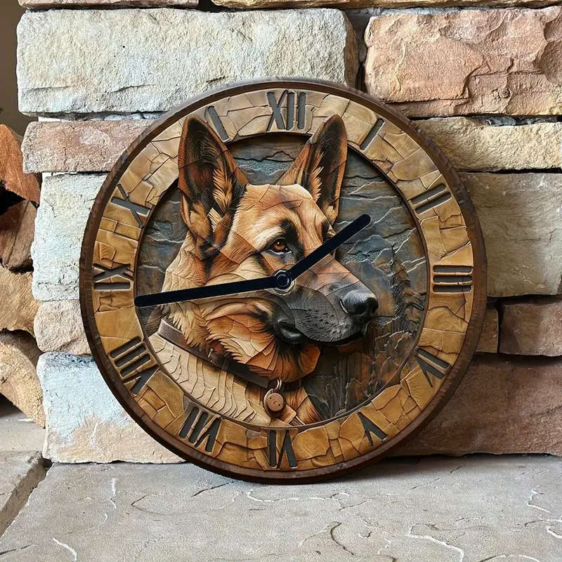 1pc Silent Wall Clock with German Shepherd Design Aluminum Metal DIY Decorative Clock for Bedroom Ho