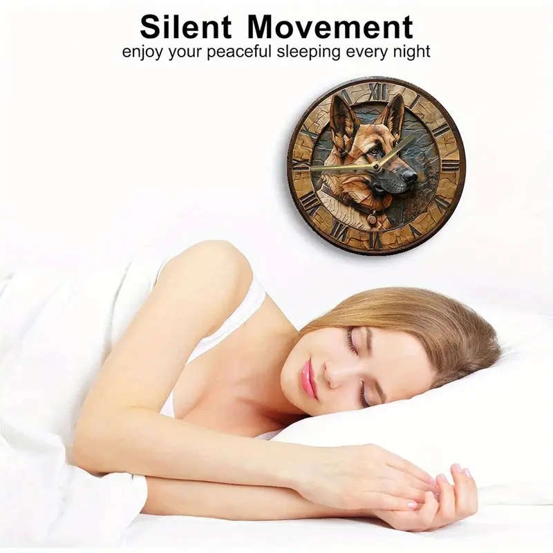 1pc Silent Wall Clock with German Shepherd Design Aluminum Metal DIY Decorative Clock for Bedroom Ho