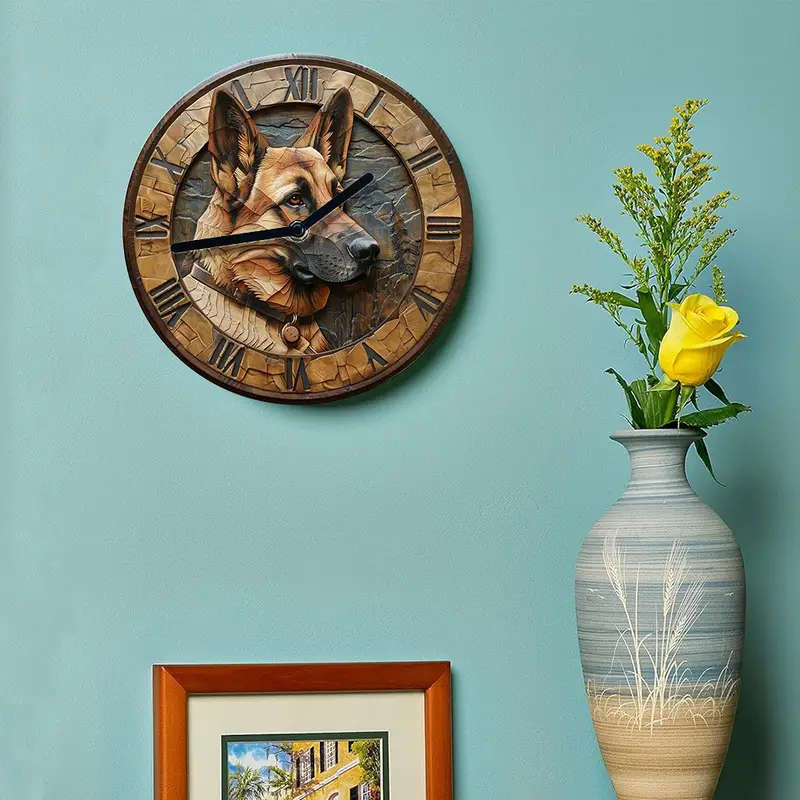 1pc Silent Wall Clock with German Shepherd Design Aluminum Metal DIY Decorative Clock for Bedroom Ho