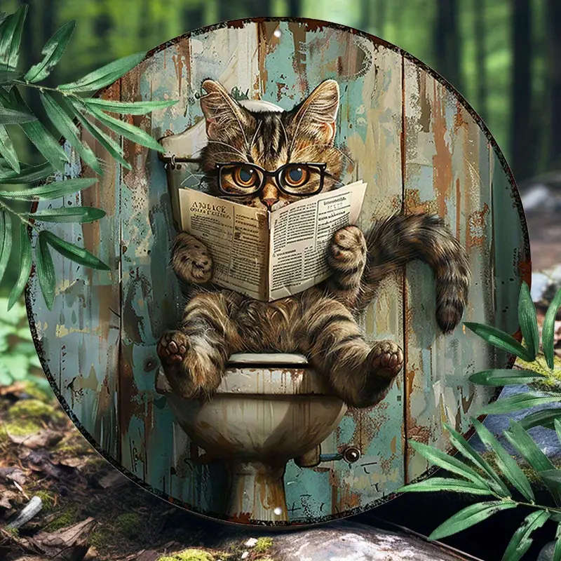 1pc 2D Round Aluminum Sign Metal 2d Sign Funny Metal Decor Sign Aegean Cat Bathroom Newspaper for Ho
