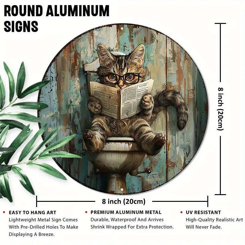 1pc 2D Round Aluminum Sign Metal 2d Sign Funny Metal Decor Sign Aegean Cat Bathroom Newspaper for Ho