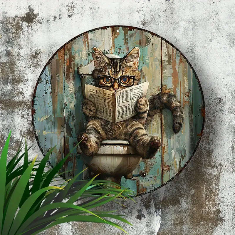 1pc 2D Round Aluminum Sign Metal 2d Sign Funny Metal Decor Sign Aegean Cat Bathroom Newspaper for Ho