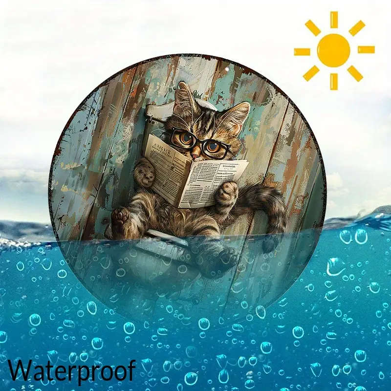 1pc 2D Round Aluminum Sign Metal 2d Sign Funny Metal Decor Sign Aegean Cat Bathroom Newspaper for Ho
