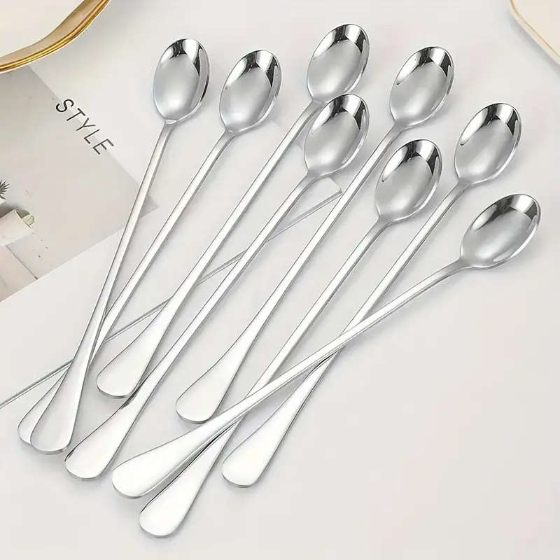 8pcs Stainless Steel Long Handle Ice Tea Spoon Coffee Spoon Ice Cream Stirring Spoon Dishwasher Safe