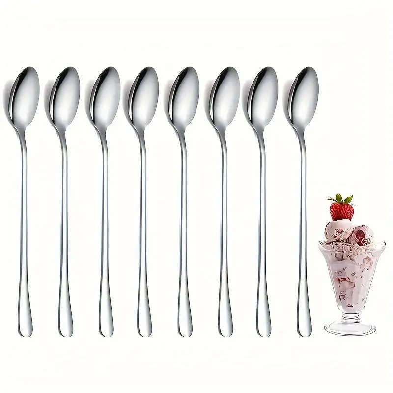 8pcs Stainless Steel Long Handle Ice Tea Spoon Coffee Spoon Ice Cream Stirring Spoon Dishwasher Safe