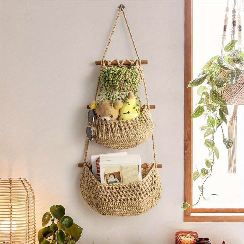 3-Tier Bohemian Chic Wall Hanging Storage Basket Handwoven Rope Organizer with Easy and More