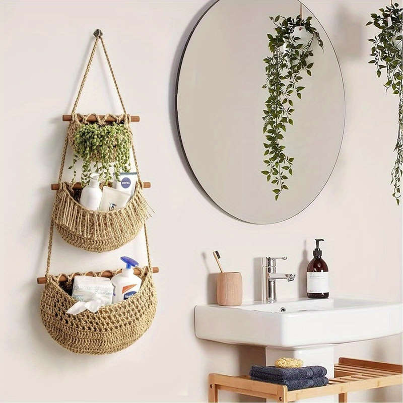 3-Tier Bohemian Chic Wall Hanging Storage Basket Handwoven Rope Organizer with Easy and More
