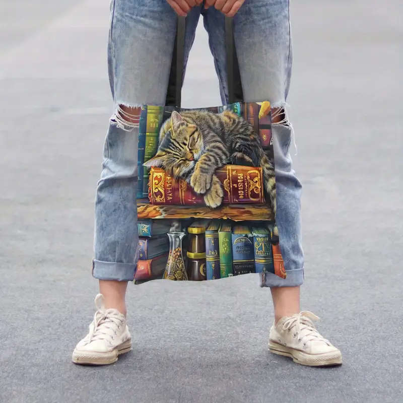 1pc Festive Cat Lying on Bookshelf Tote Bag Casual Large Capacity Shoulder Bag for Commuting and Sho