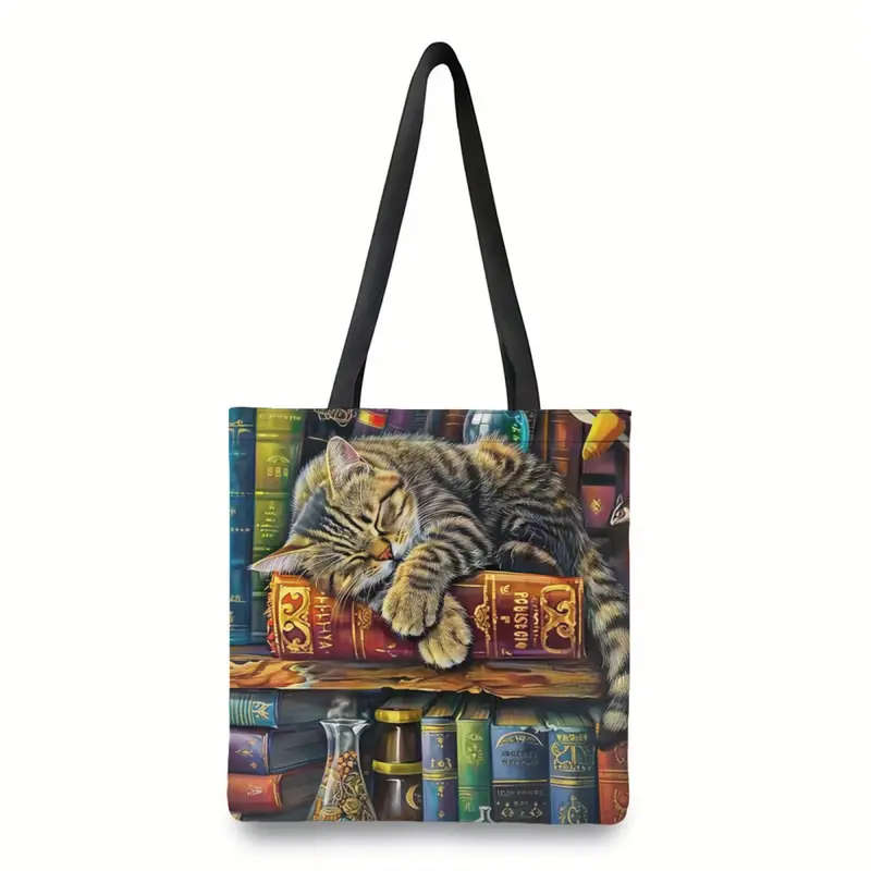 1pc Festive Cat Lying on Bookshelf Tote Bag Casual Large Capacity Shoulder Bag for Commuting and Sho