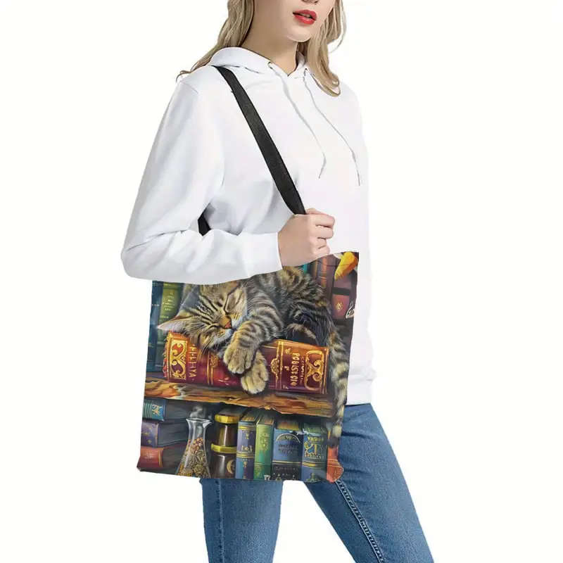 1pc Festive Cat Lying on Bookshelf Tote Bag Casual Large Capacity Shoulder Bag for Commuting and Sho