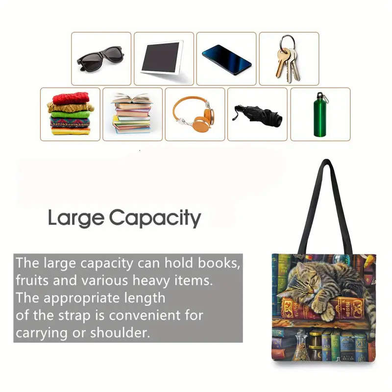 1pc Festive Cat Lying on Bookshelf Tote Bag Casual Large Capacity Shoulder Bag for Commuting and Sho