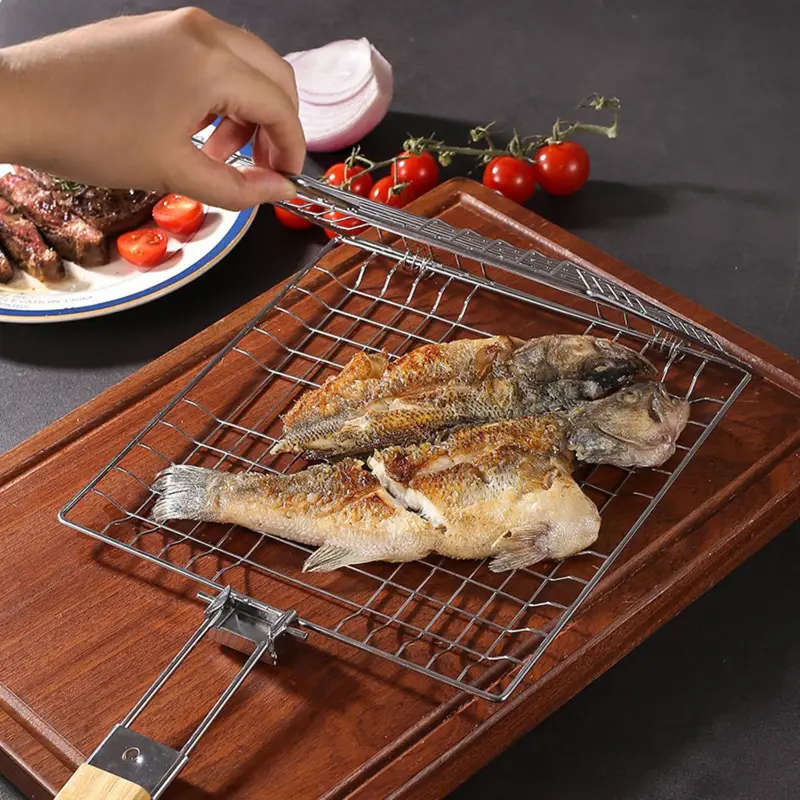 1pc Heavy Duty BBQ Grill Basket Stainless Steel Barbecue Turner for Grilling Meat Steak Shrimp Veget