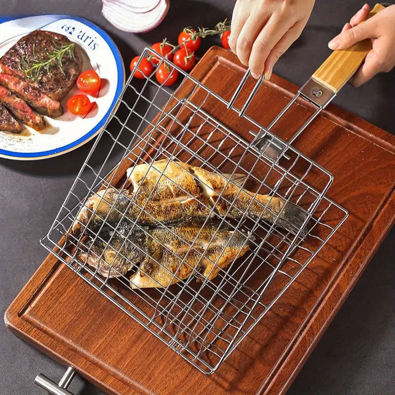 1pc Heavy Duty BBQ Grill Basket Stainless Steel Barbecue Turner for Grilling Meat Steak Shrimp Veget