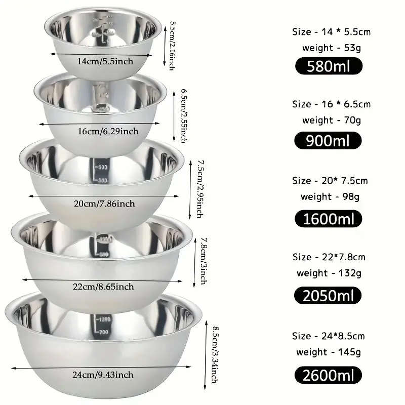 5pcs Stainless Steel Mixing Bowls Set with Measuring Cups Food-Safe Kitchen Bowls for Cooking Baking
