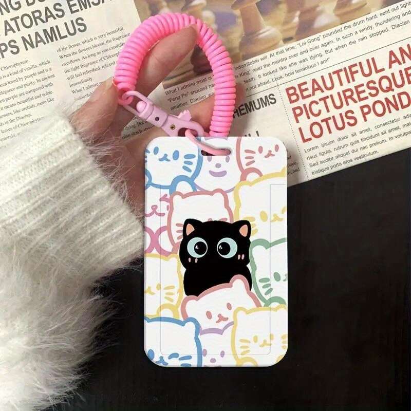 1pc Cute Cat Card Holder with Lanyard Kawaii Korean Fashion Durable ABS Hard Shell Transpar