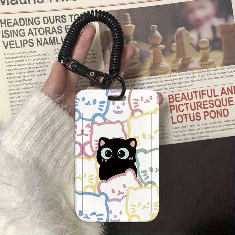1pc Cute Cat Card Holder with Lanyard Kawaii Korean Fashion Durable ABS Hard Shell Transpar