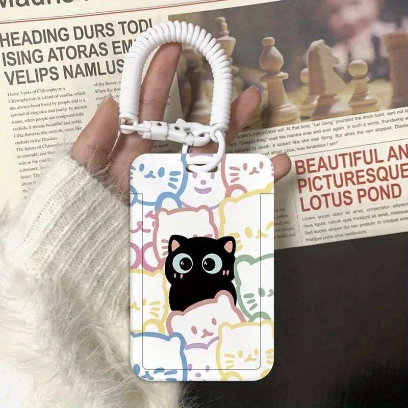 1pc Cute Cat Card Holder with Lanyard Kawaii Korean Fashion Durable ABS Hard Shell Transpar