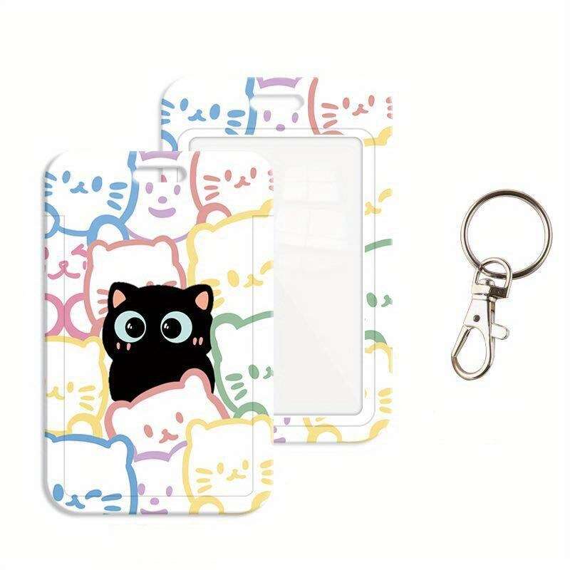 1pc Cute Cat Card Holder with Lanyard Kawaii Korean Fashion Durable ABS Hard Shell Transpar