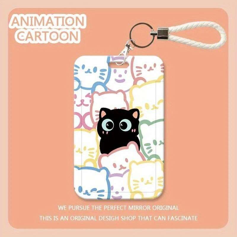 1pc Cute Cat Card Holder with Lanyard Kawaii Korean Fashion Durable ABS Hard Shell Transpar