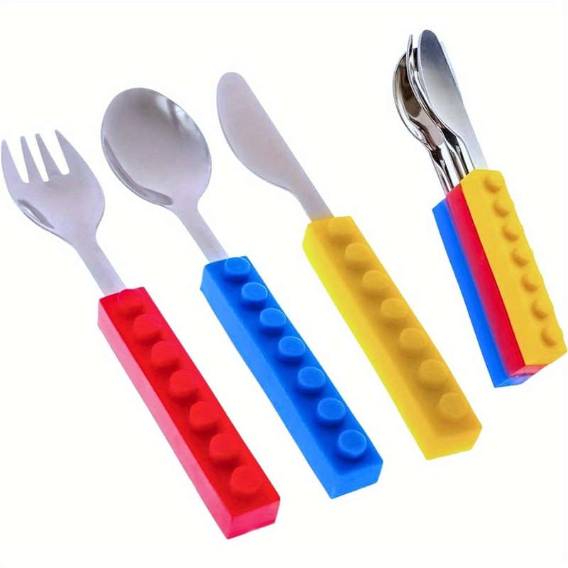 3pcs Building Block-Inspired Stainless Steel Cutlery Set Stackable Spoon Fork Knife with
