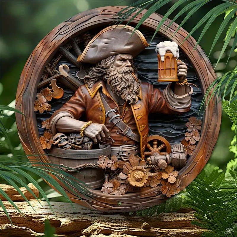 1pc Durable Aluminum Pirate Drinking Beer Metal Sign 2D Effect Round Art Decor for Home Garden Bedro
