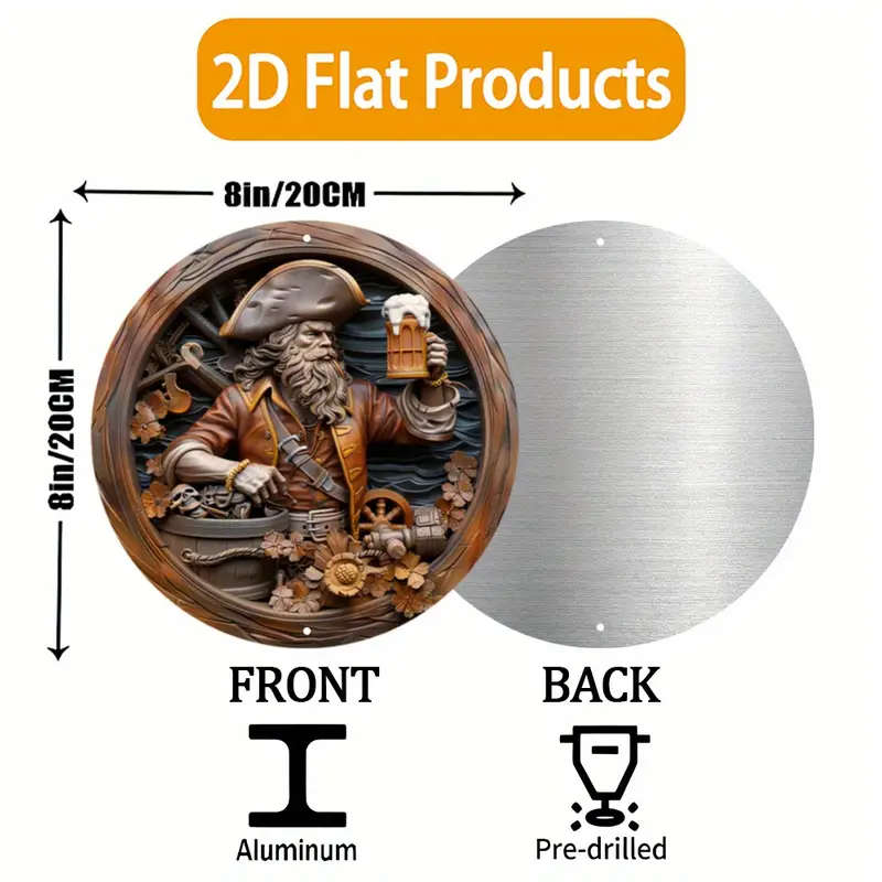 1pc Durable Aluminum Pirate Drinking Beer Metal Sign 2D Effect Round Art Decor for Home Garden Bedro