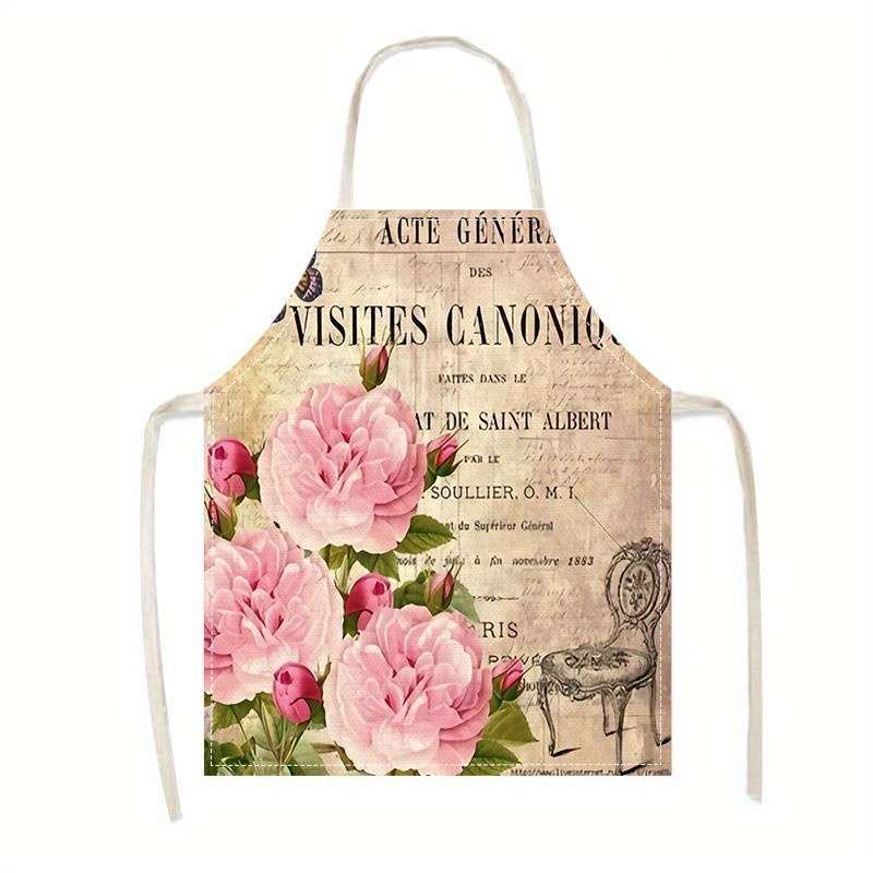 1pc Women's Vintage Floral Butterfly Print Apron 100% Polyester Kitchen Apron with Adjustab
