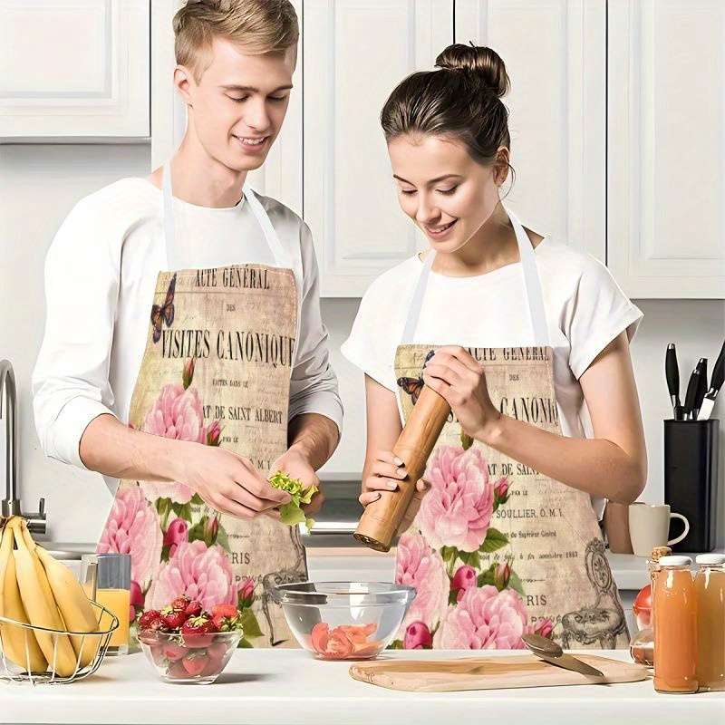 1pc Women's Vintage Floral Butterfly Print Apron 100% Polyester Kitchen Apron with Adjustab