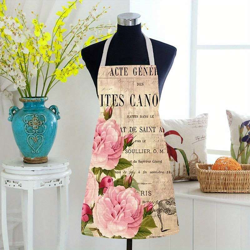1pc Women's Vintage Floral Butterfly Print Apron 100% Polyester Kitchen Apron with Adjustab