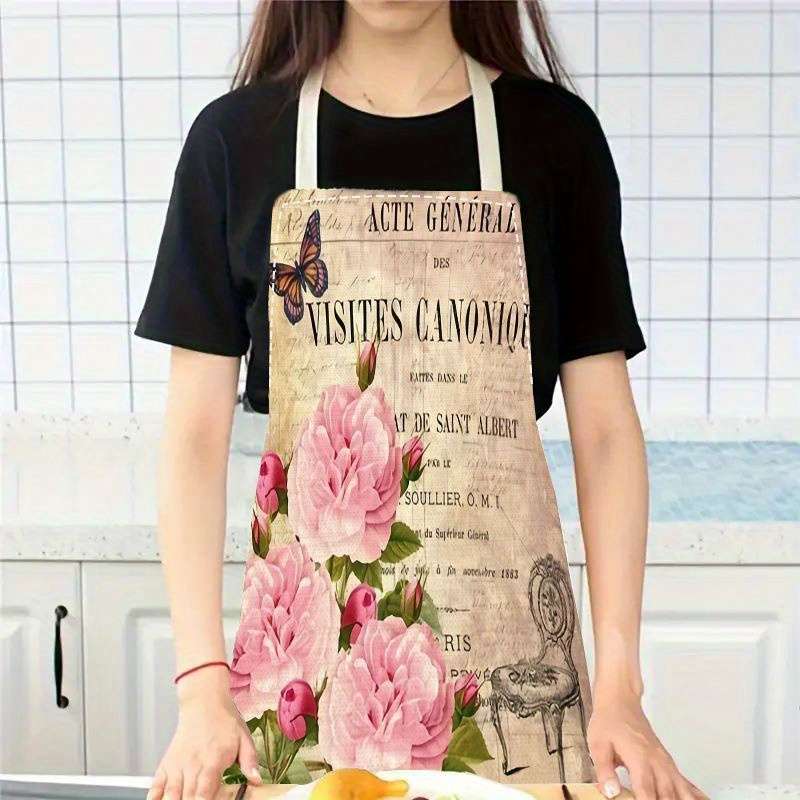 1pc Women's Vintage Floral Butterfly Print Apron 100% Polyester Kitchen Apron with Adjustab