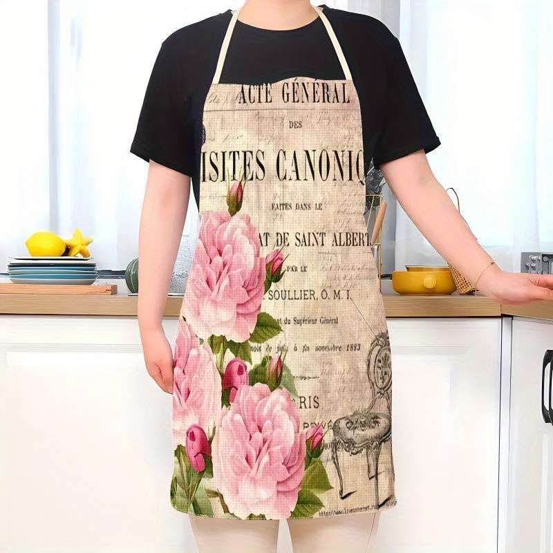 1pc Women's Vintage Floral Butterfly Print Apron 100% Polyester Kitchen Apron with Adjustab