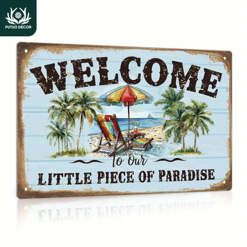 1pc Putuo Decor Vintage Welcome Sign Metal Tin Wall Art Tropical Beach Palm Design Non-Electric Univ