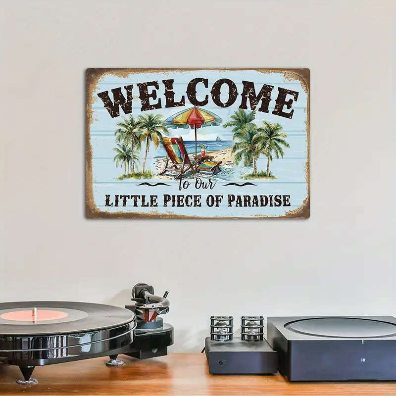 1pc Putuo Decor Vintage Welcome Sign Metal Tin Wall Art Tropical Beach Palm Design Non-Electric Univ