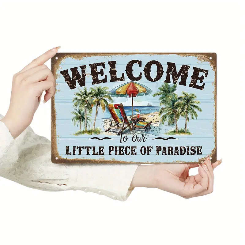 1pc Putuo Decor Vintage Welcome Sign Metal Tin Wall Art Tropical Beach Palm Design Non-Electric Univ
