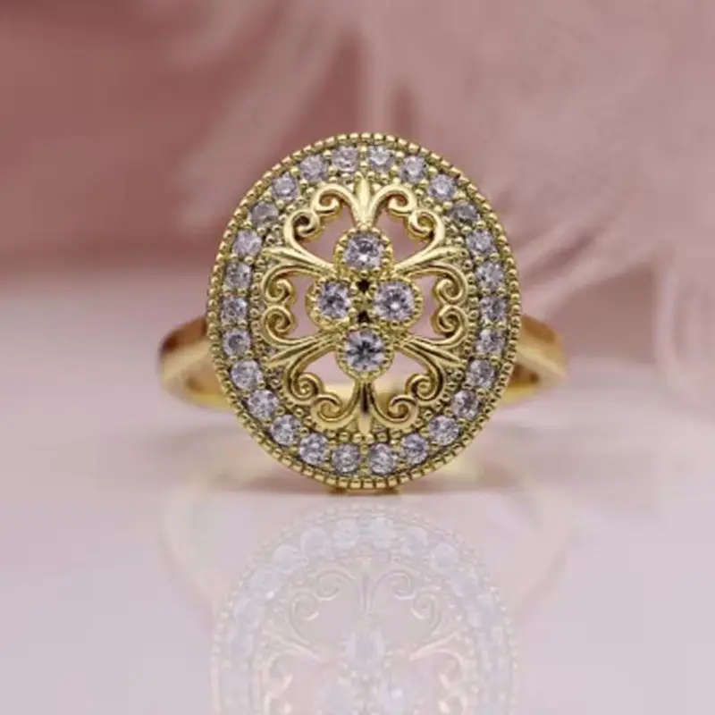 Hollow Floral Ring, Copper with zirconia Mosaic, Round Solitaire