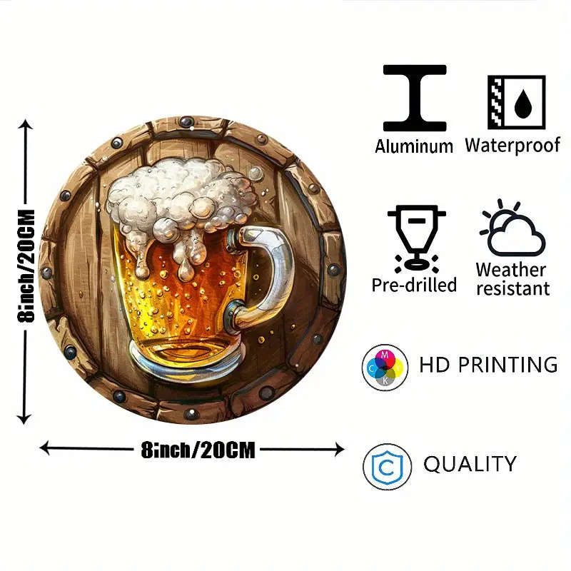 1pc Round Aluminum Beer Mug Sign 20.32cm 2D Flat Printed Beer Bottle Cup Wall Art for Home Room Wind