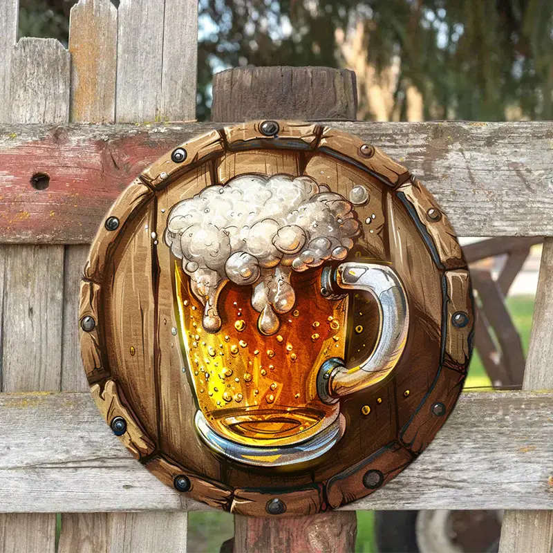 1pc Round Aluminum Beer Mug Sign 20.32cm 2D Flat Printed Beer Bottle Cup Wall Art for Home Room Wind