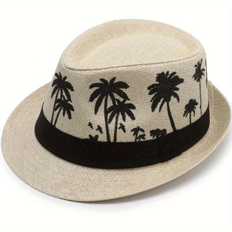 1pc Men's Tropical Palm Tree Pattern Fedora Hat Casual Summer Beach Jazz Cap Sun Protection Breathab