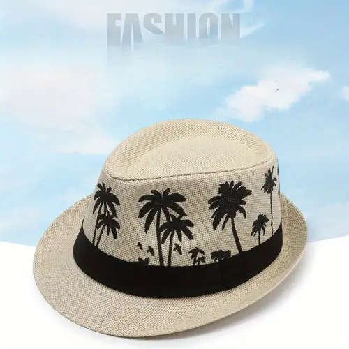 1pc Men's Tropical Palm Tree Pattern Fedora Hat Casual Summer Beach Jazz Cap Sun Protection Breathab