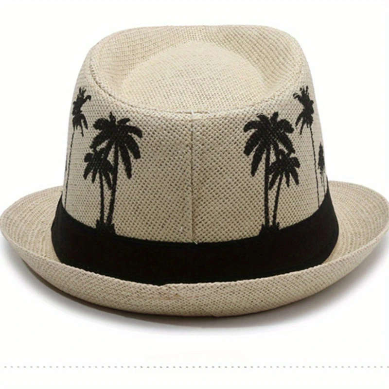 1pc Men's Tropical Palm Tree Pattern Fedora Hat Casual Summer Beach Jazz Cap Sun Protection Breathab