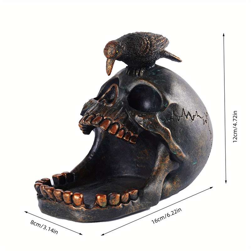 1pc Gothic Skull and Crow Ashtray Resin Ring Holder Censer Vintage Halloween Decor Ideal Gif