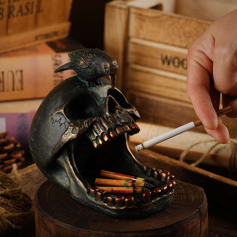 1pc Gothic Skull and Crow Ashtray Resin Ring Holder Censer Vintage Halloween Decor Ideal Gif