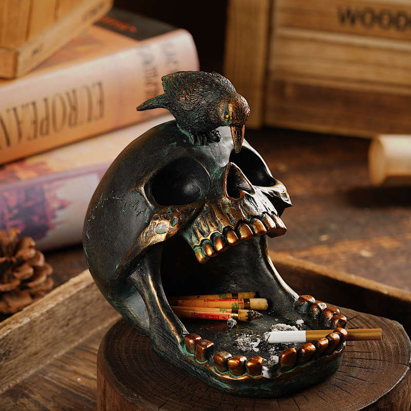 1pc Gothic Skull and Crow Ashtray Resin Ring Holder Censer Vintage Halloween Decor Ideal Gif