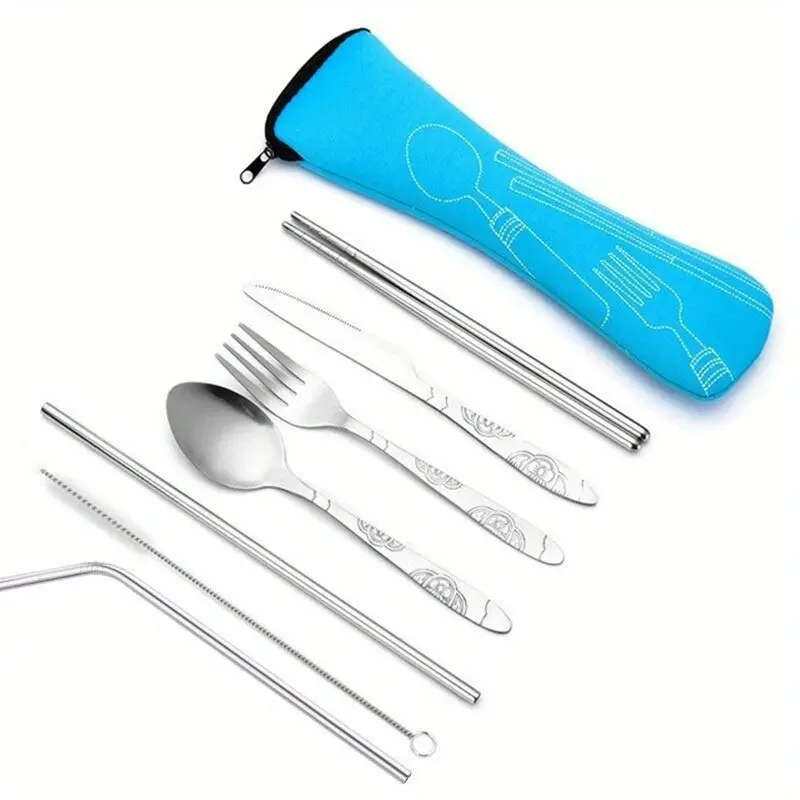 7pcs Durable Stainless Steel Cutlery Set Portable Travel Silverware with Spoon Fork Knife and Drinki
