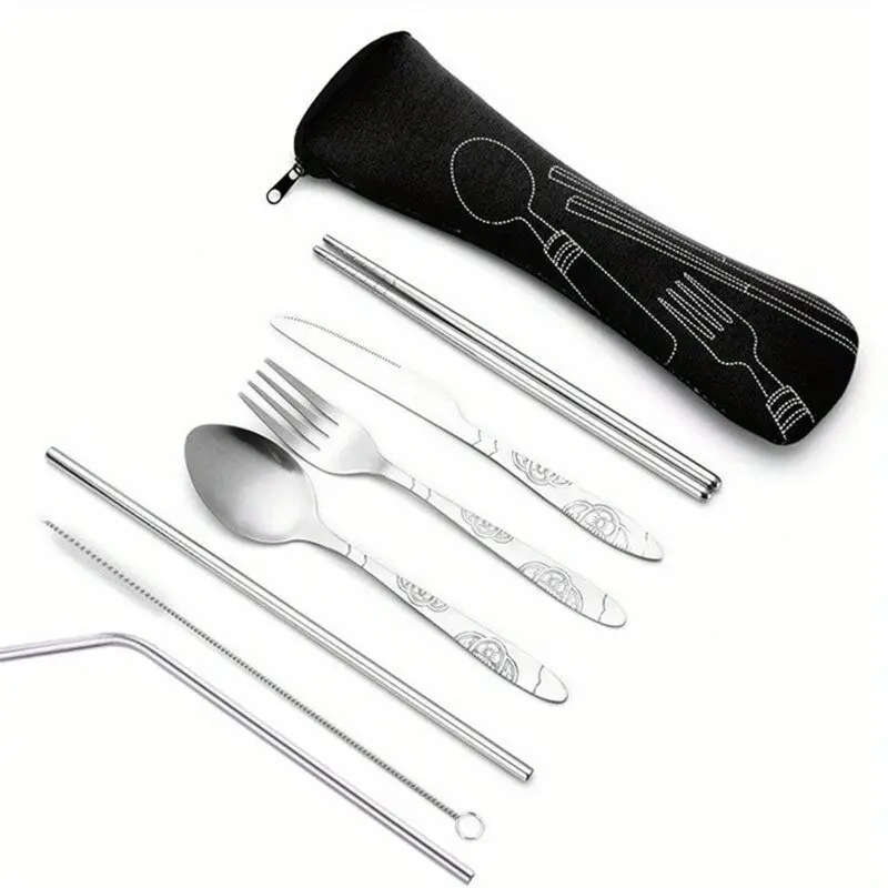 7pcs Durable Stainless Steel Cutlery Set Portable Travel Silverware with Spoon Fork Knife and Drinki