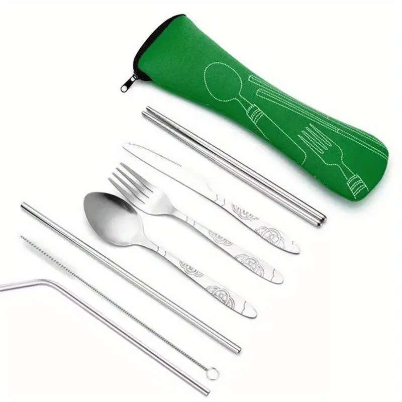 7pcs Durable Stainless Steel Cutlery Set Portable Travel Silverware with Spoon Fork Knife and Drinki