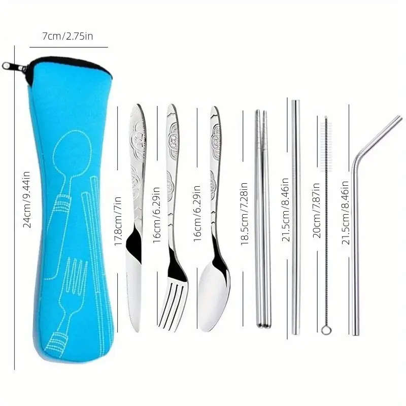 7pcs Durable Stainless Steel Cutlery Set Portable Travel Silverware with Spoon Fork Knife and Drinki