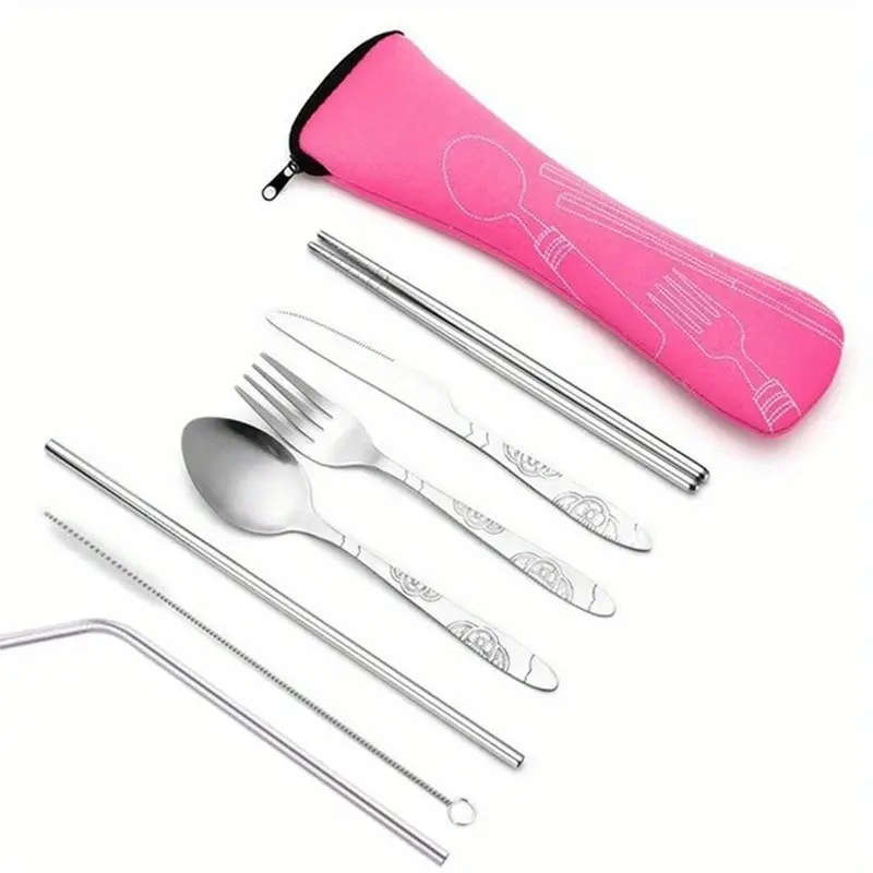 7pcs Durable Stainless Steel Cutlery Set Portable Travel Silverware with Spoon Fork Knife and Drinki