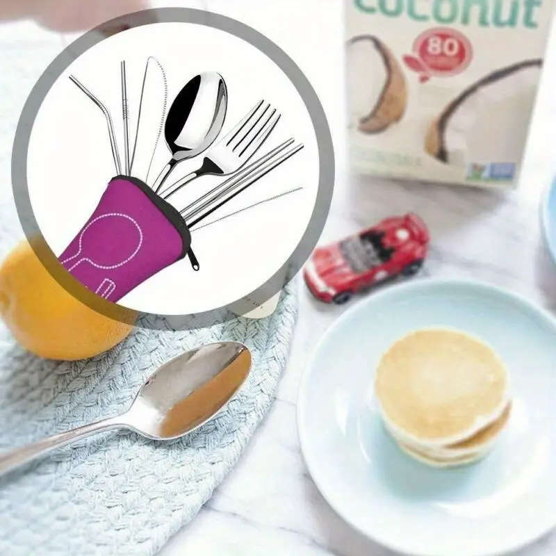7pcs Durable Stainless Steel Cutlery Set Portable Travel Silverware with Spoon Fork Knife and Drinki